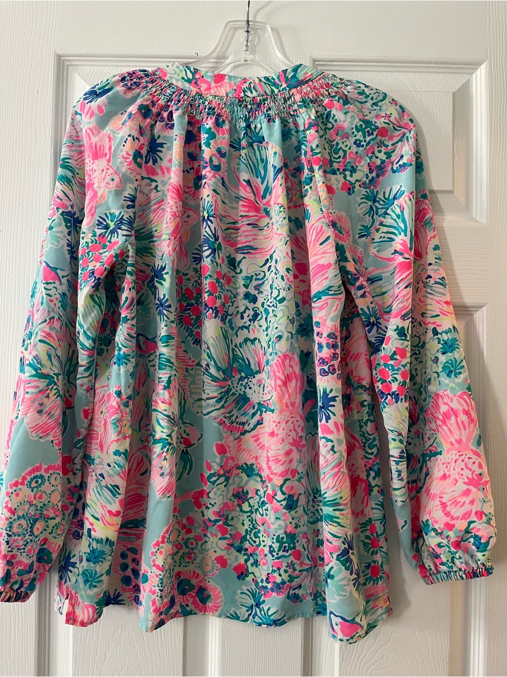 Lilly Pulitzer Pink & Aqua Floral Smocked Neck Blouse - Picture 10 of 11